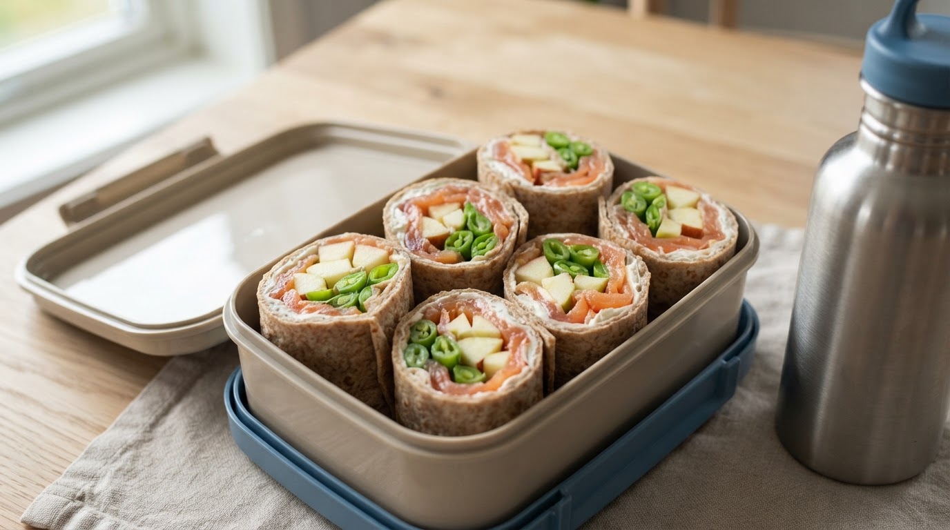 Grove wraps med røykt laks, eple og sprø sukkererter – illustrasjonsbilde