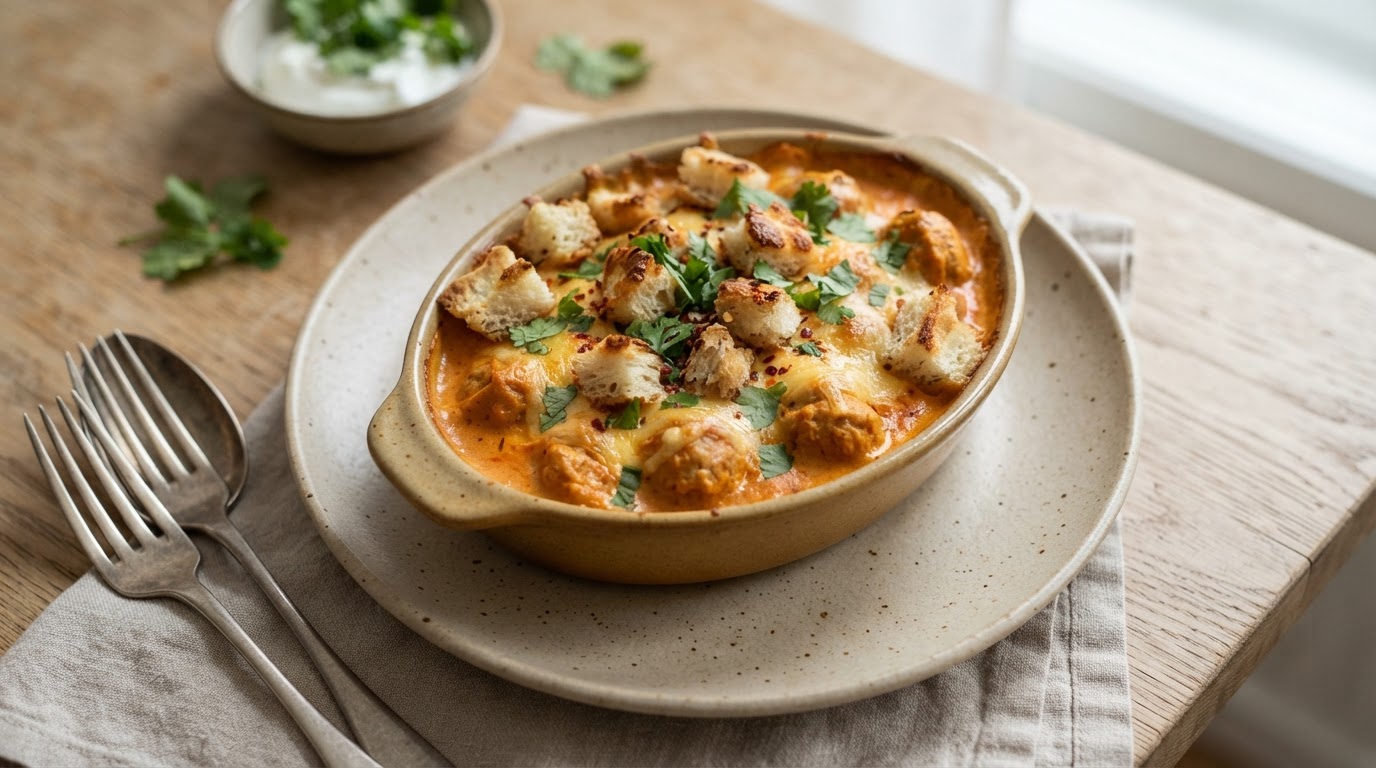 Gyllen tikka masala-form med kyllingboller og sprøtt naan-lokk – illustrasjonsbilde