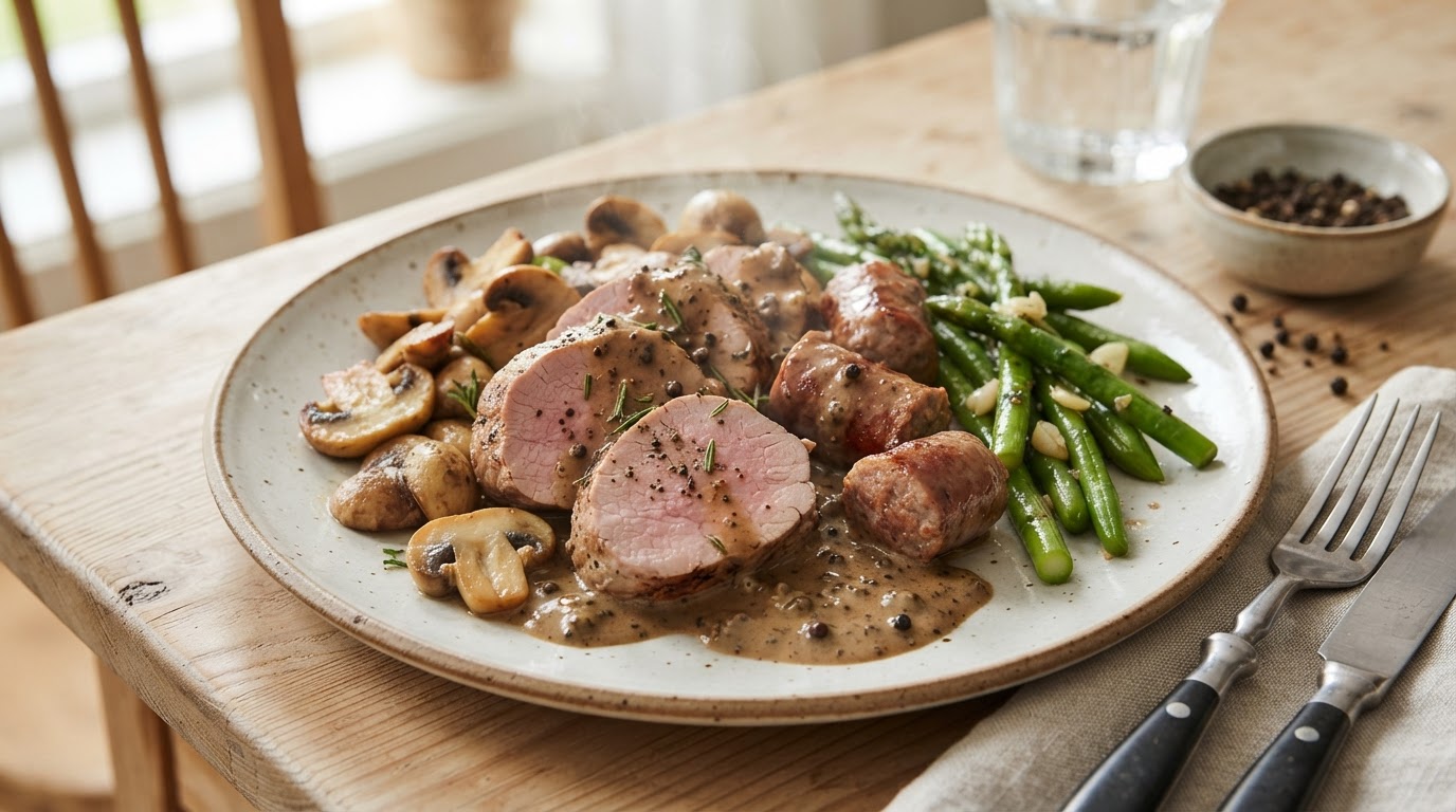 Helstekt svineindrefilet med smørstekt fersk sopp og kremet peppersaus – illustrasjonsbilde