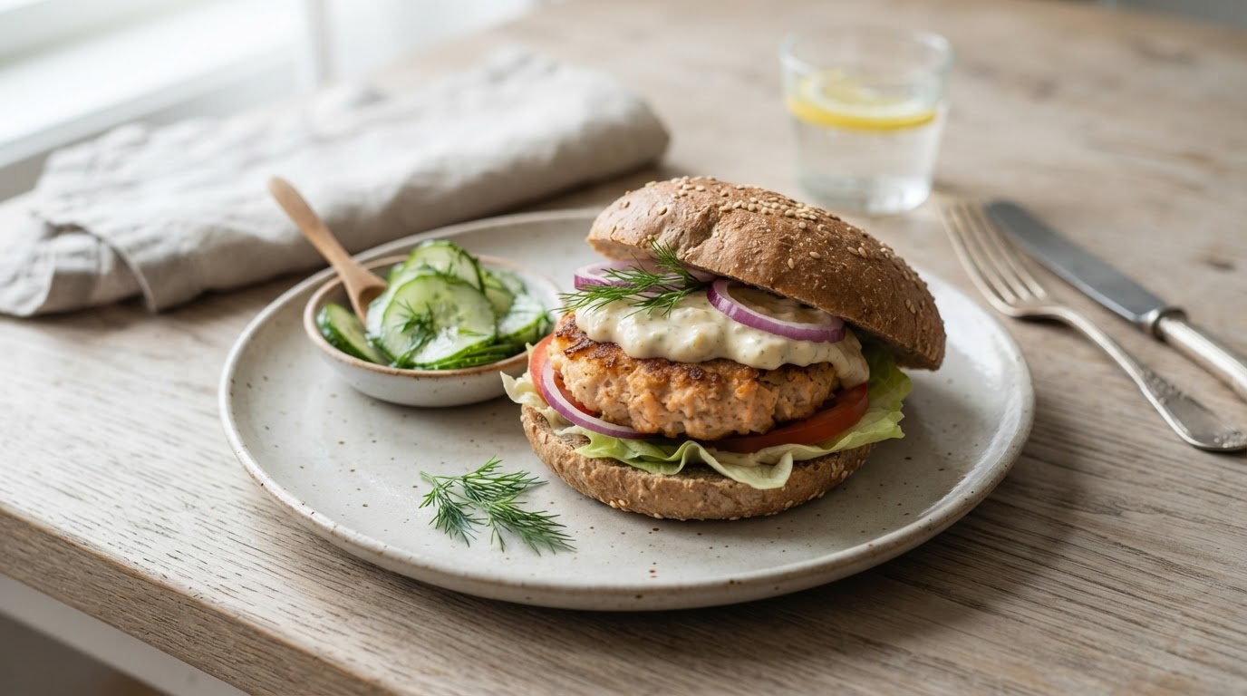 Hjemmelaget fiskeburger med sjømat og frisk agurksalat – illustrasjonsbilde