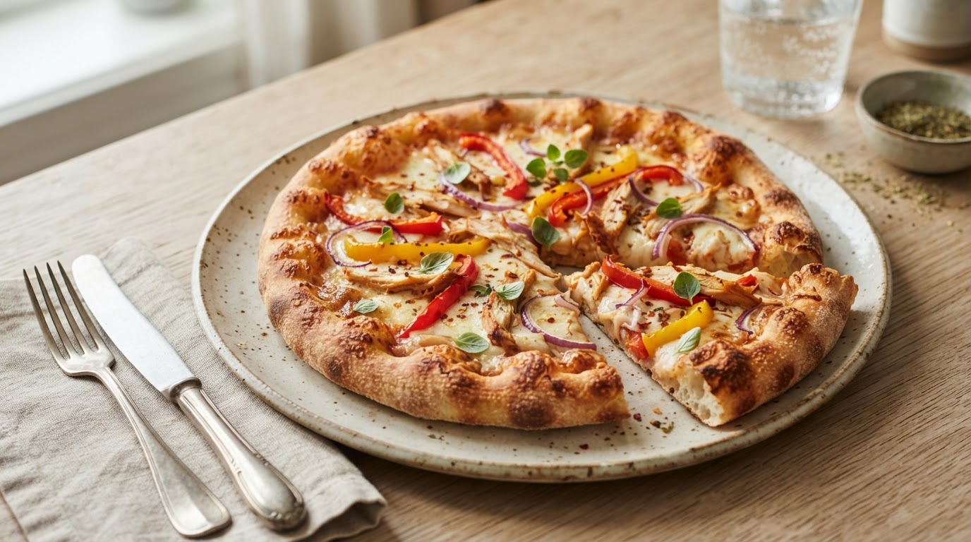 Hjemmelaget pizza med kylling, paprika og rødløk – illustrasjonsbilde