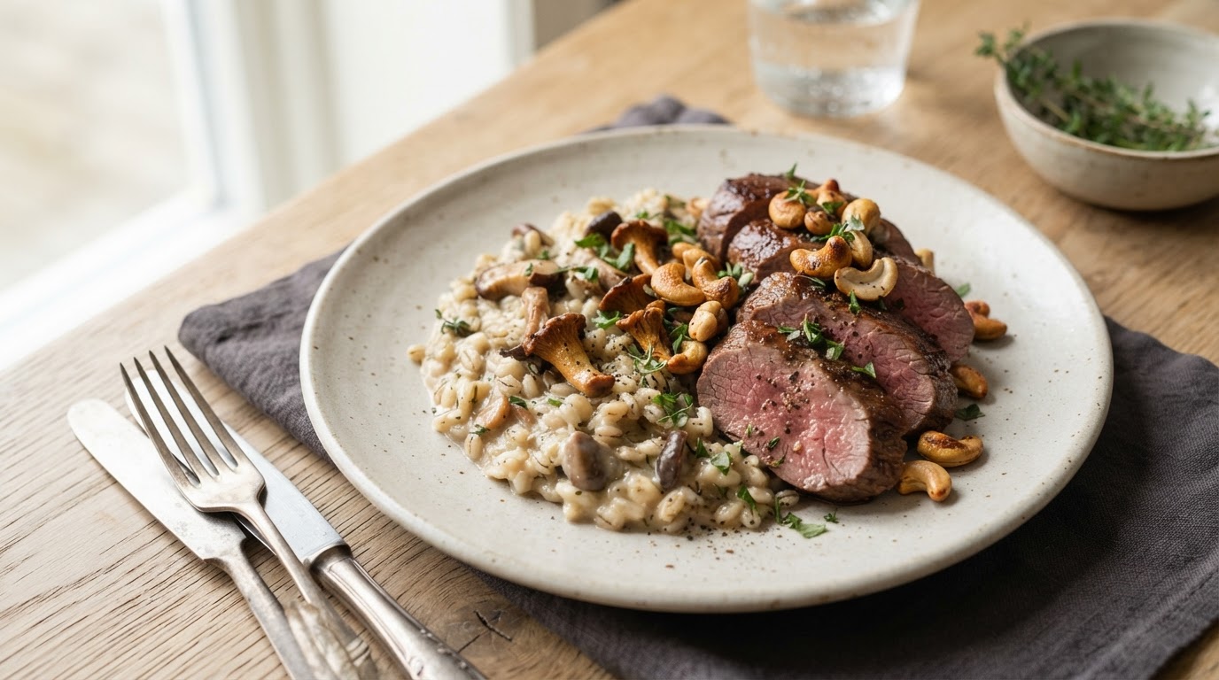Hjortefilet med kremet byggrynsrisotto, sopp og cashewnøtter – illustrasjonsbilde