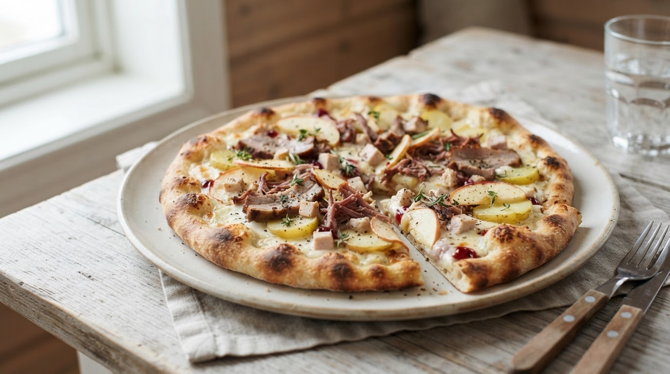 Hvit julepizza med julerester, nypoteter og norske epler – illustrasjonsbilde