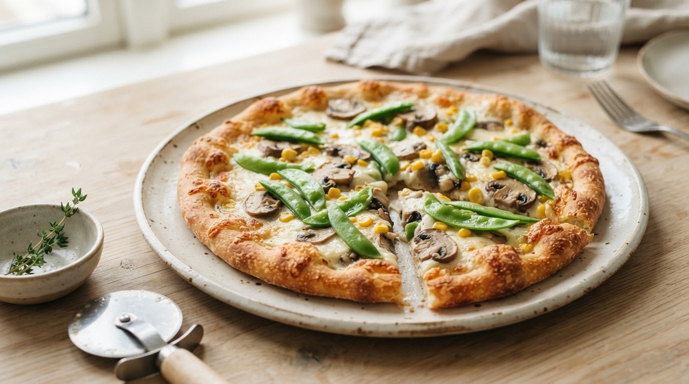 Hvit vegetarpizza med stekesopp, ferske sukkererter og mais – slik ser retten ut