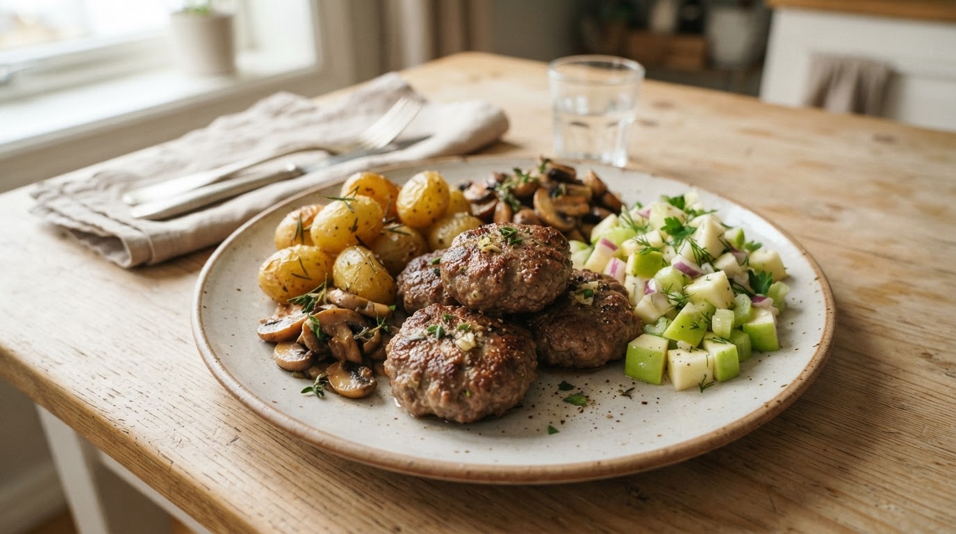 Hvitløkskrydrede storfekjøttkaker med ovnsbakte nypoteter, sopp og eplesalat – slik ser retten ut