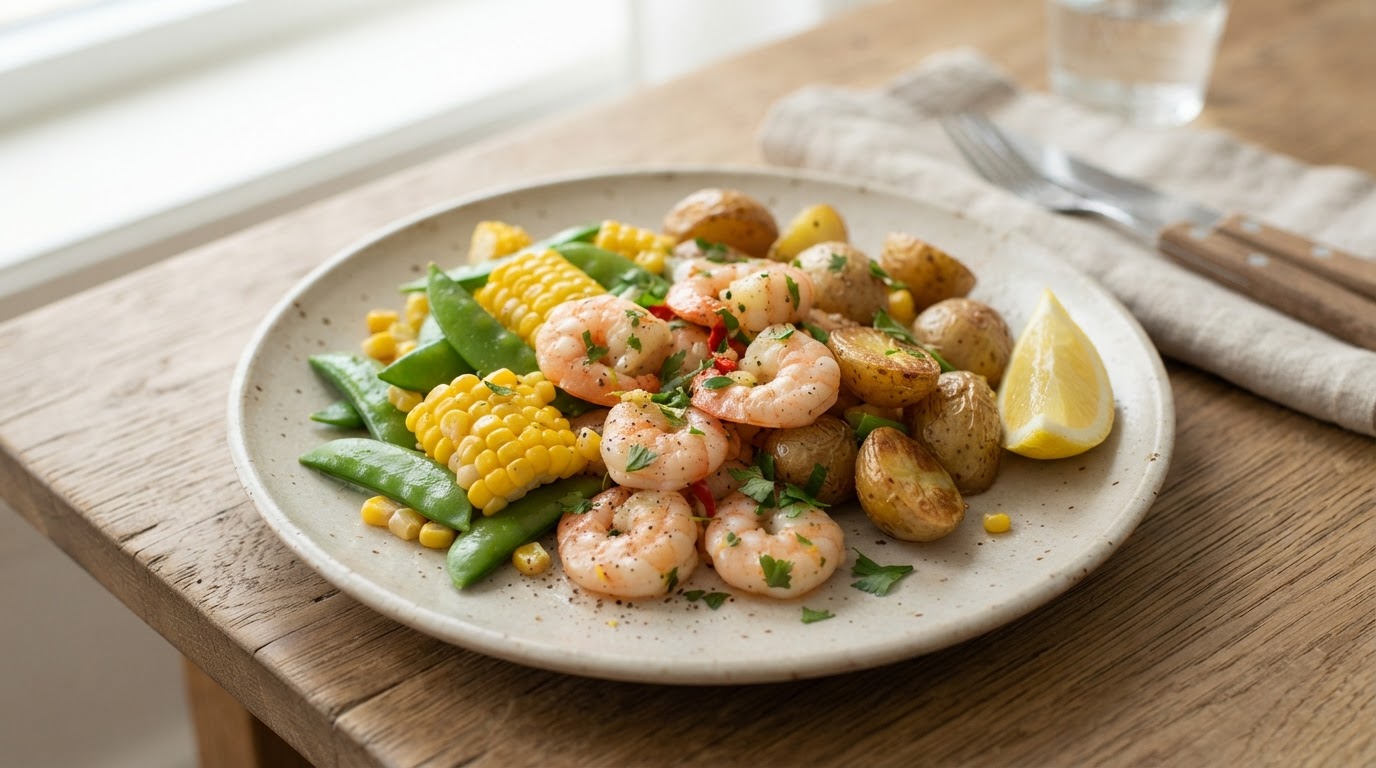 Hvitløksstekte scampi med ovnsbakte nypoteter, fersk mais og sukkererter – illustrasjonsbilde