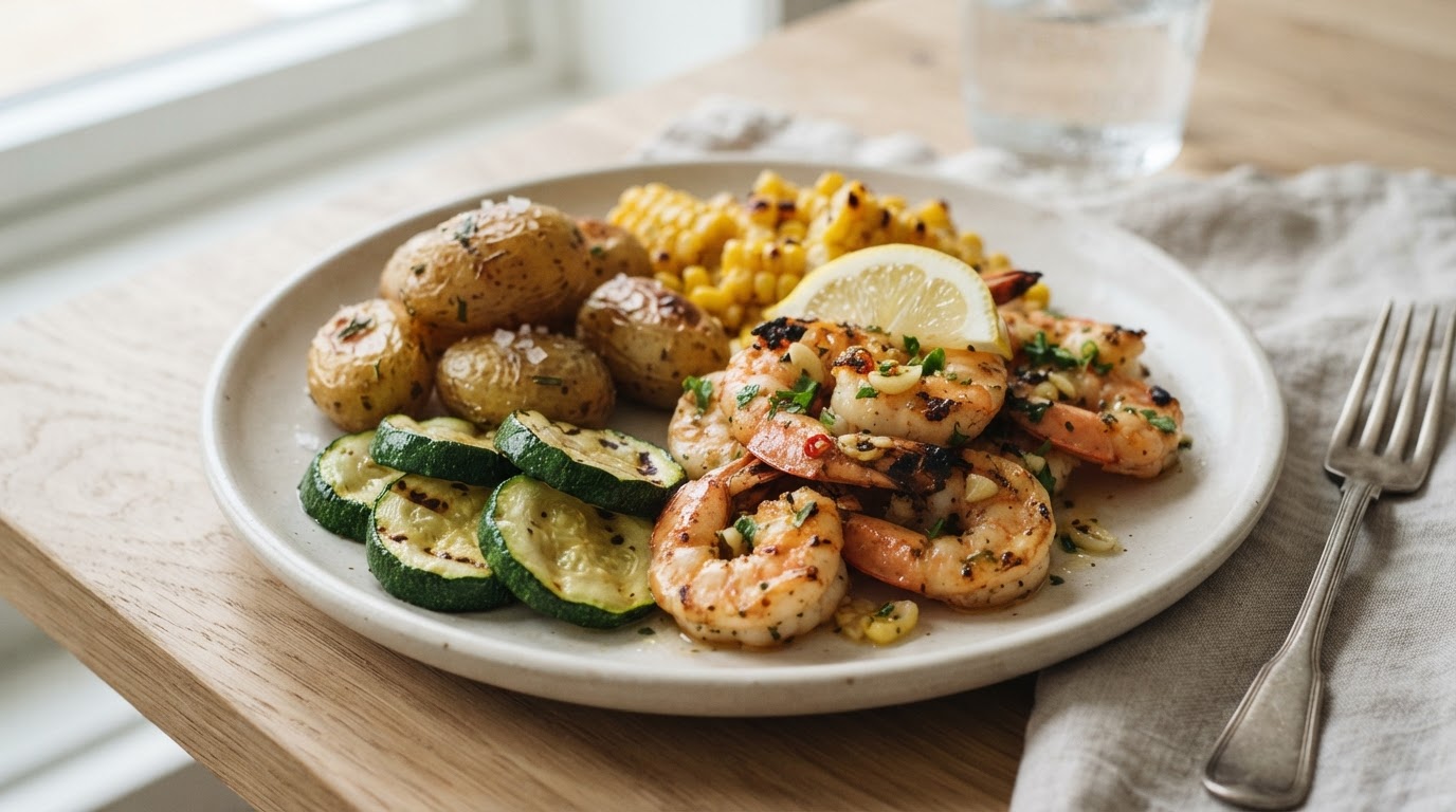 Hvitløksstekte scampi med ovnsbakte nypoteter, grillet squash og fersk mais – slik ser retten ut