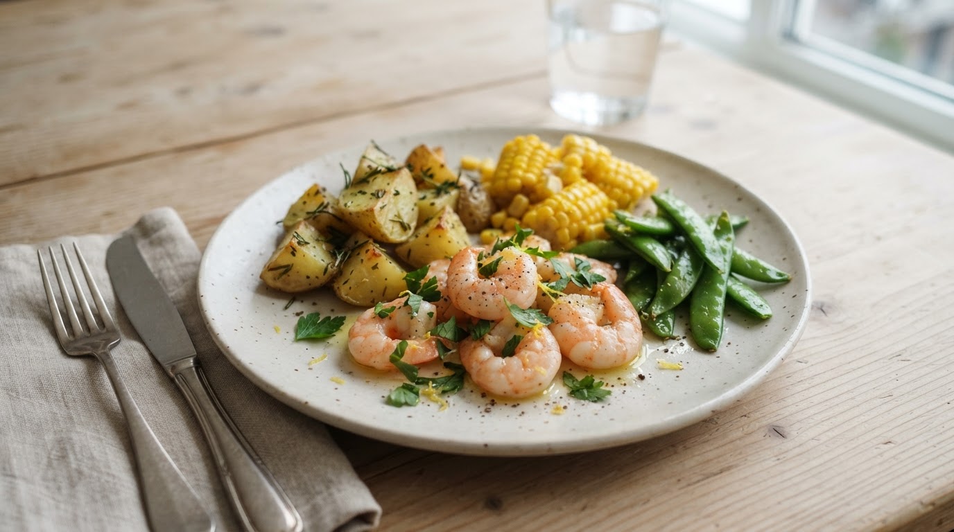 Hvitløksstekte scampi med ovnsbakte poteter, fersk mais og sukkererter – slik ser retten ut