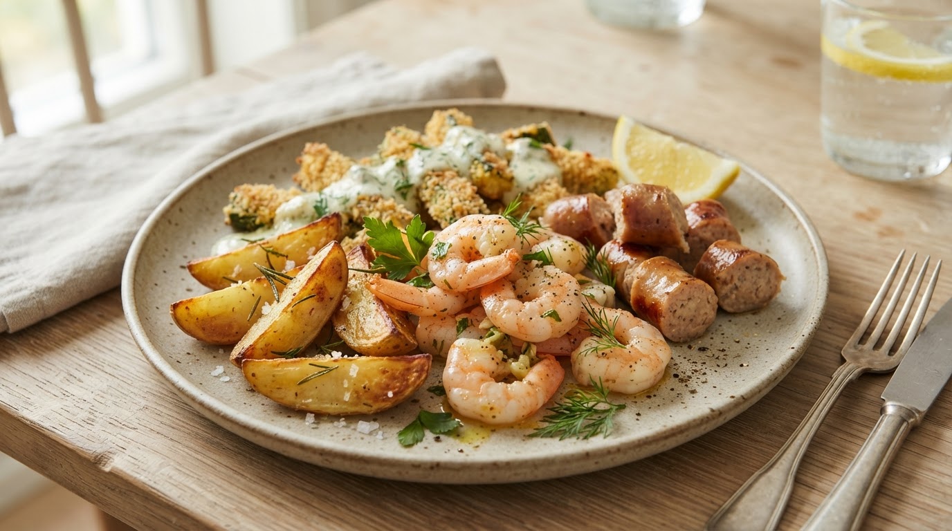 Hvitløksstekte scampi med ovnsbakte poteter, squash og sitron – slik ser retten ut
