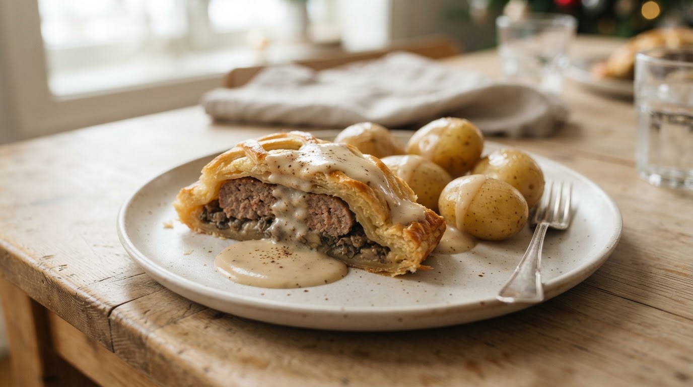 Innbakt julemedister Wellington med mandelpoteter og fløtesaus – slik ser retten ut