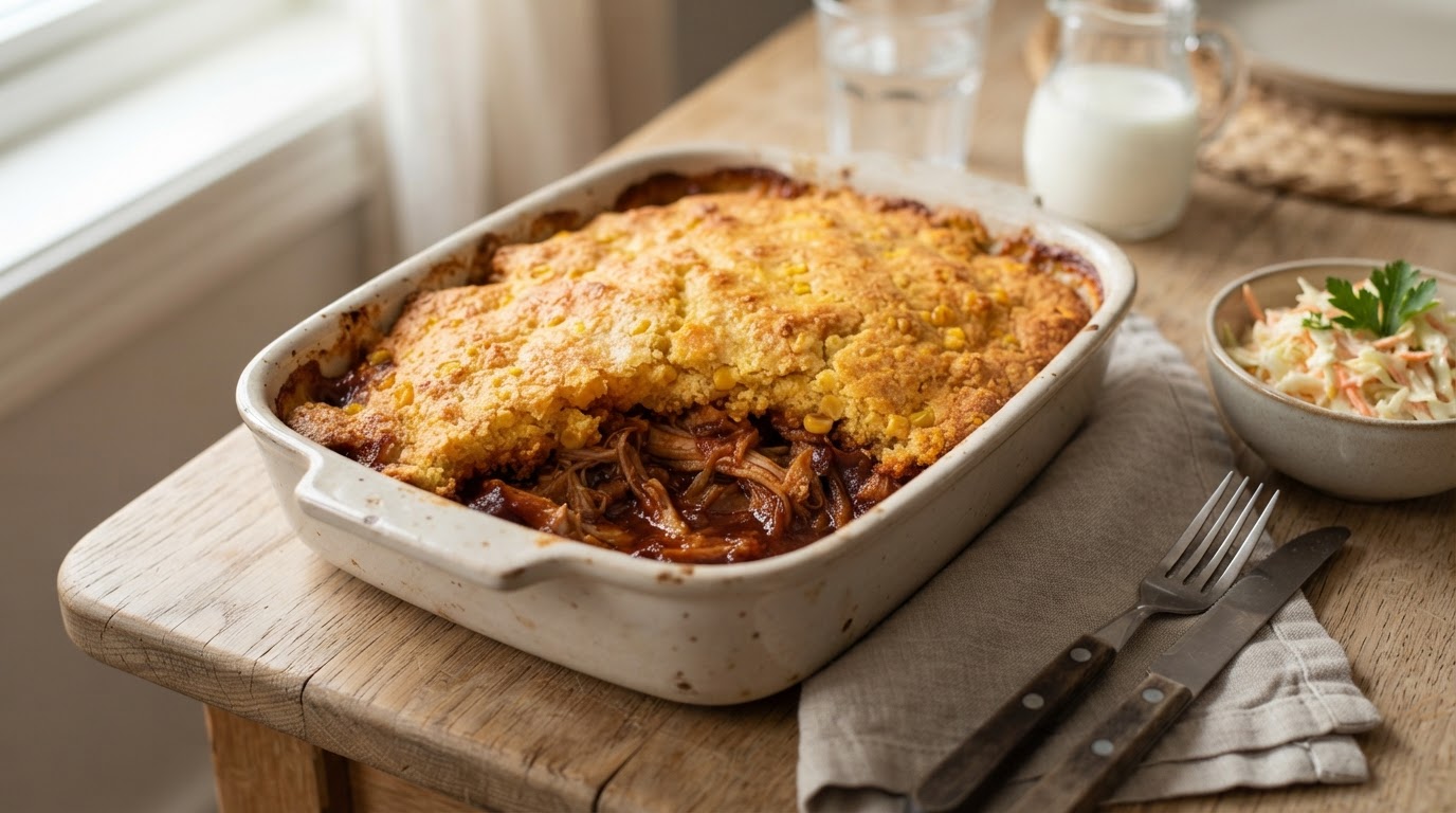 Innbakt Pulled Pork-form med Sprøtt Cornbread-lokk – illustrasjonsbilde