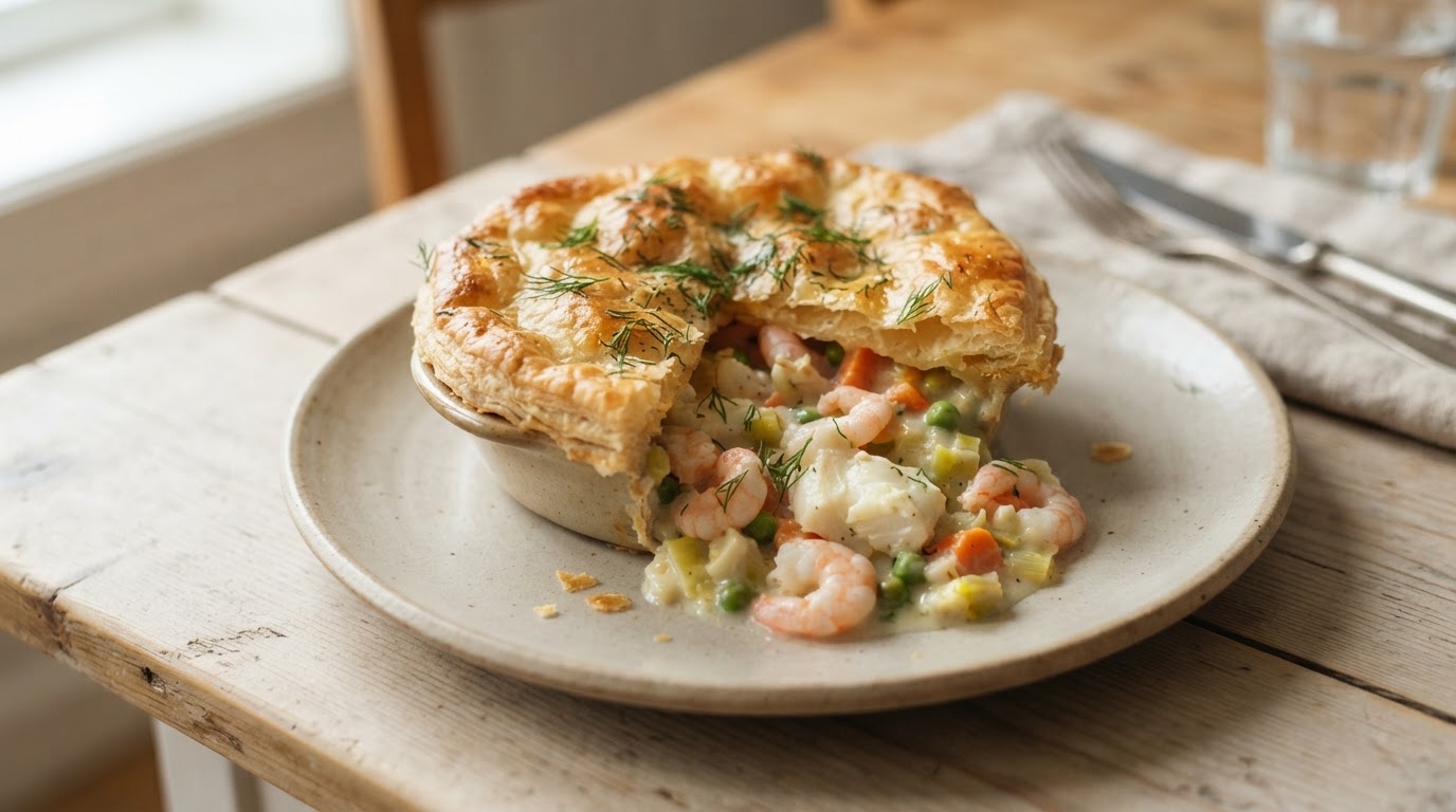 Innbakt sjømatpai med torsk, reker og sprø butterdeig