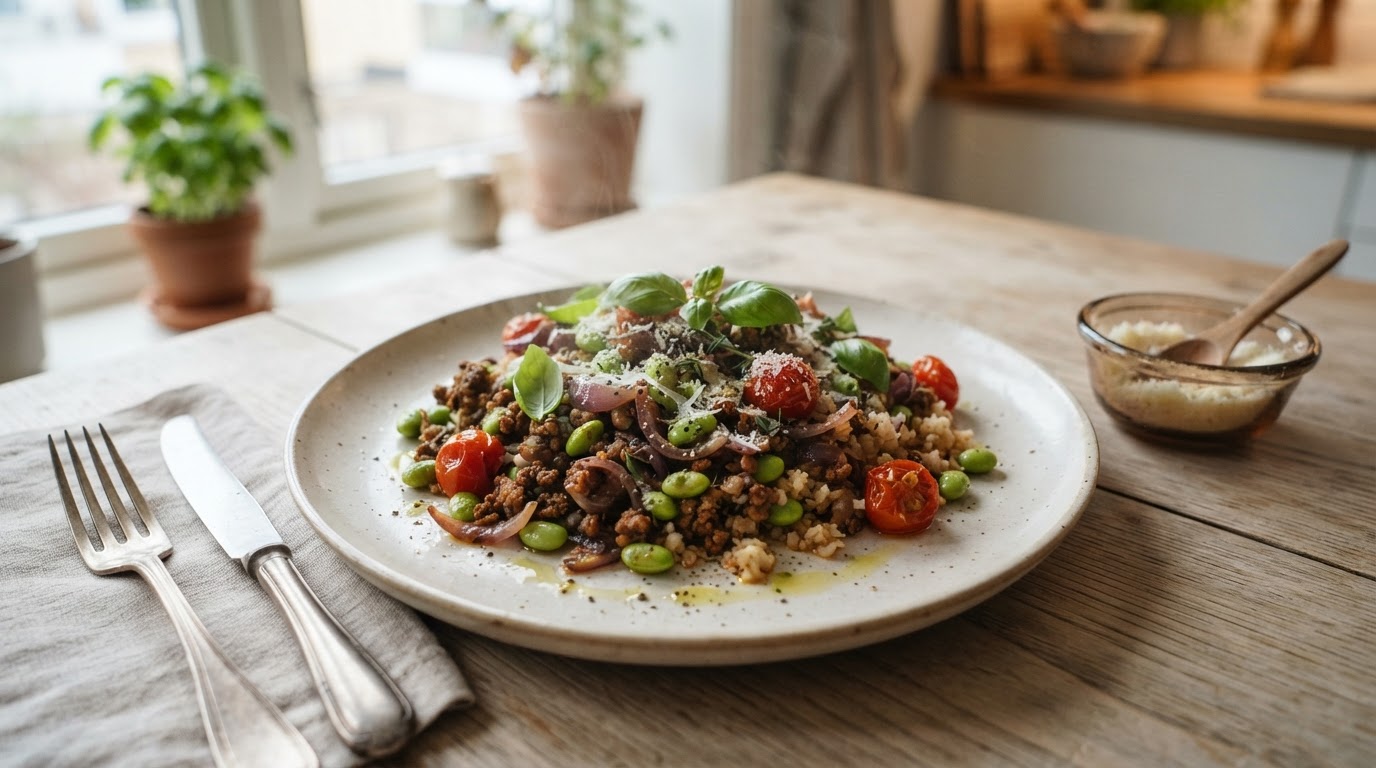 Italiensk pannedisk med vegetardeig, edamame og blomkålris – illustrasjonsbilde