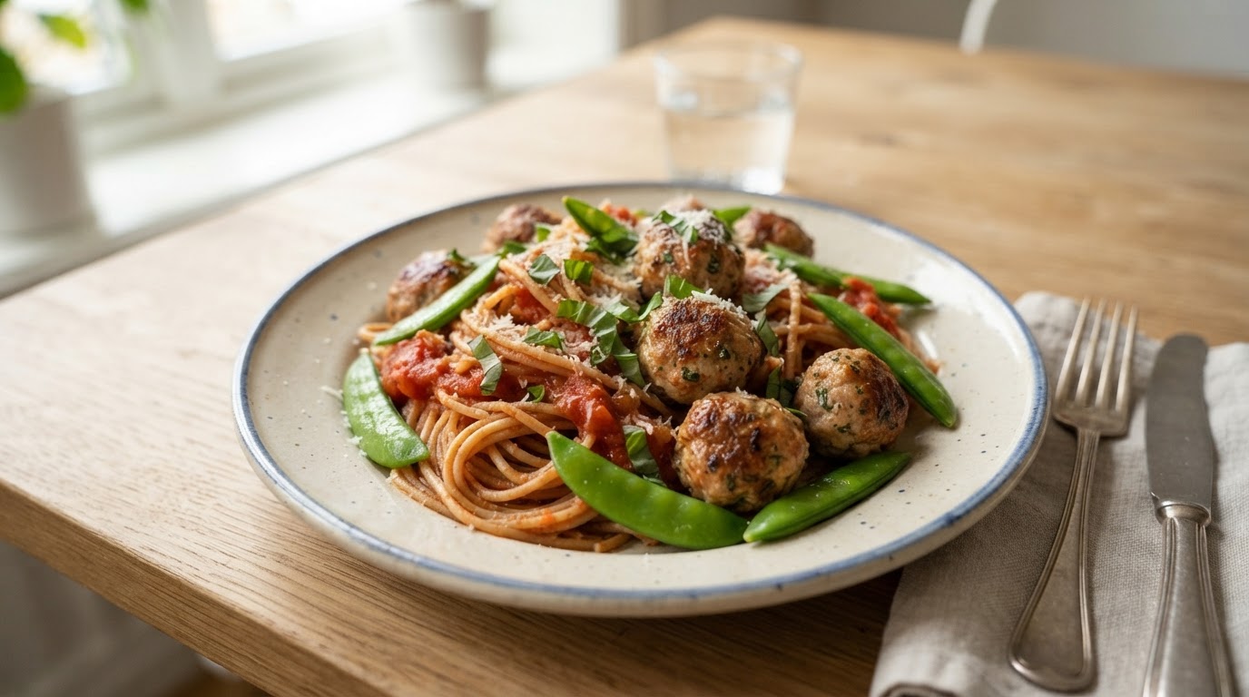 Italienske kyllingboller i tomatsaus med fullkornspasta – slik ser retten ut