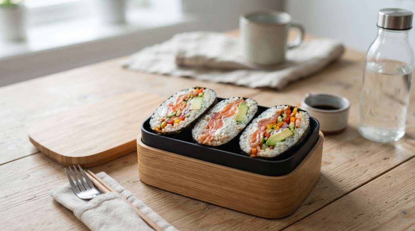 Japansk onigirazu med laks og kremost – illustrasjonsbilde