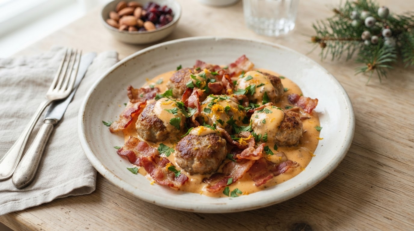 Juleform med medisterkaker, bacon og frisk klementinsaus – illustrasjonsbilde