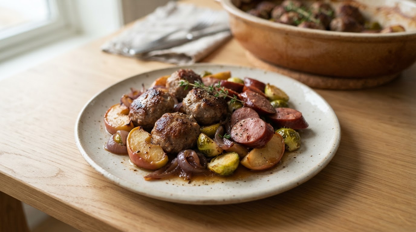 Juleform med medisterkaker, vossakorv og bakte epler – slik ser retten ut