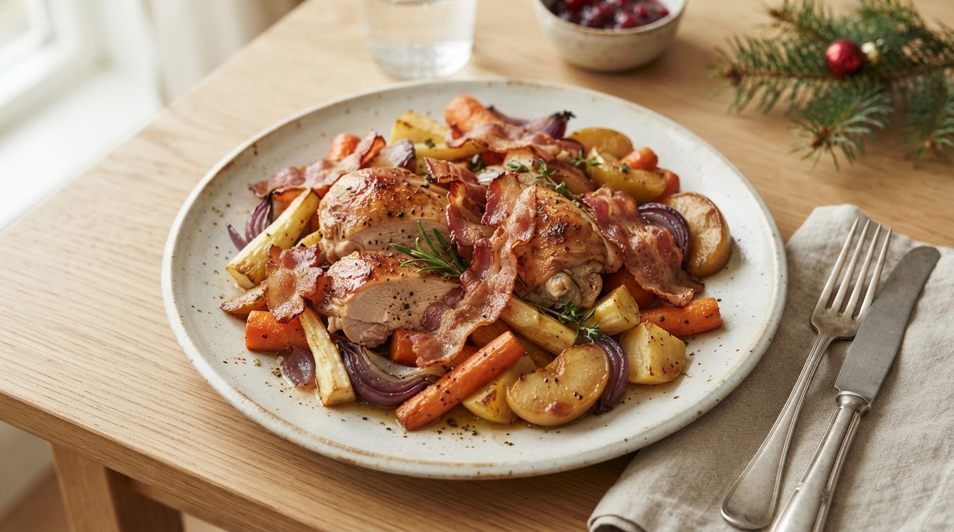 Julekalkun i form med sprøtt bacon, rotgrønnsaker og epler – illustrasjonsbilde