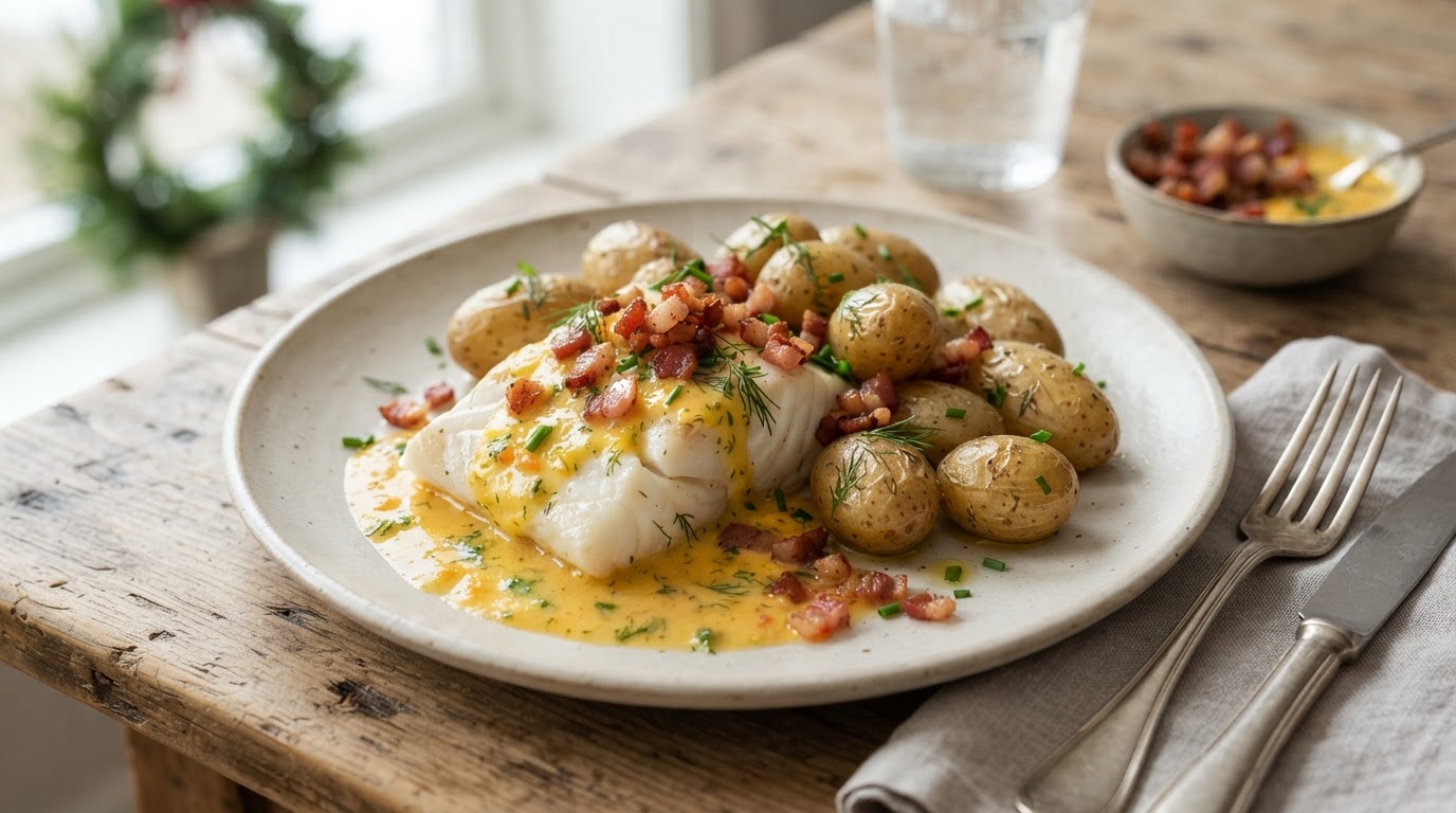 Juletorsk i ovn med klementinsaus, sprøtt bacon og mandelpoteter – illustrasjonsbilde