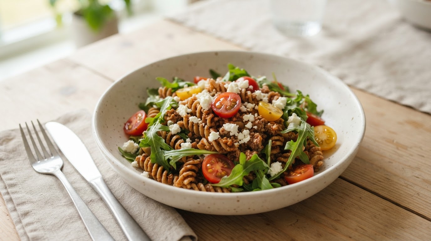 Kald Bolognese-pastasalat med friske grønnsaker – illustrasjonsbilde