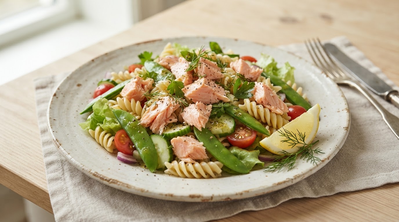 Kald lakse- og pastasalat – illustrasjonsbilde