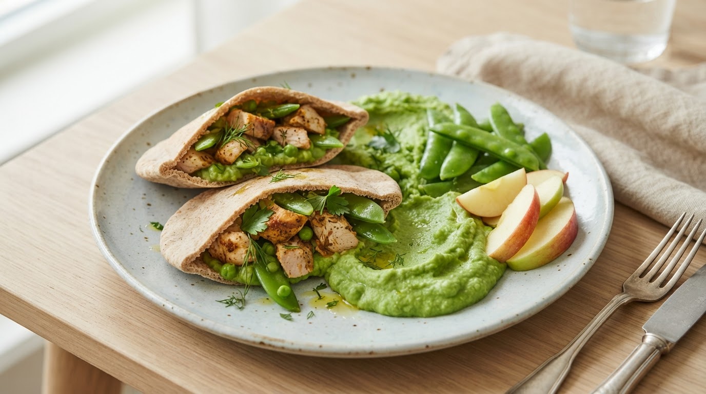 Kalkun-pita-lommer med ertepuré og eplebåter – illustrasjonsbilde
