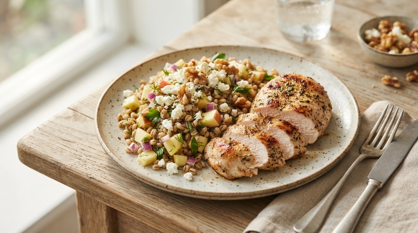 Kalkunfilet med lun byggrynsalat, norske epler, fetaost og valnøtter – illustrasjonsbilde