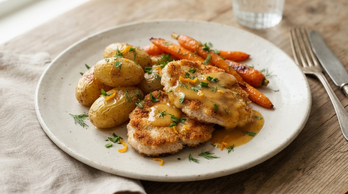 Kalkunfilet med mandelpoteter og mild klementinsaus – illustrasjonsbilde