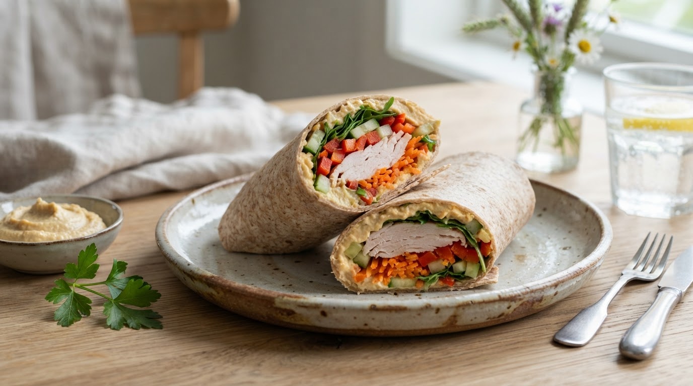 Kalkunwraps med hummus og sprø grønnsaker – illustrasjonsbilde