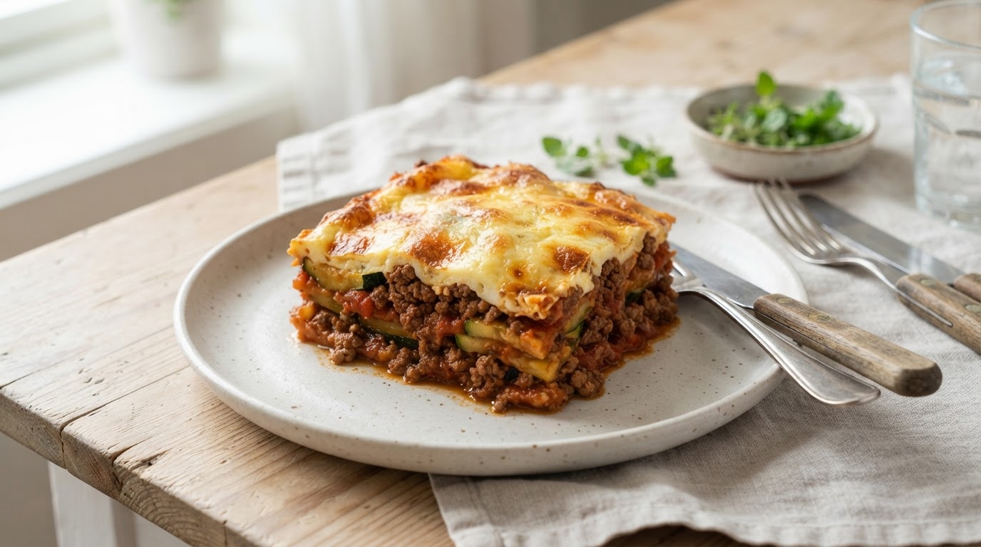 Keto Moussaka med Storfekjøttdeig og Squash – slik ser retten ut
