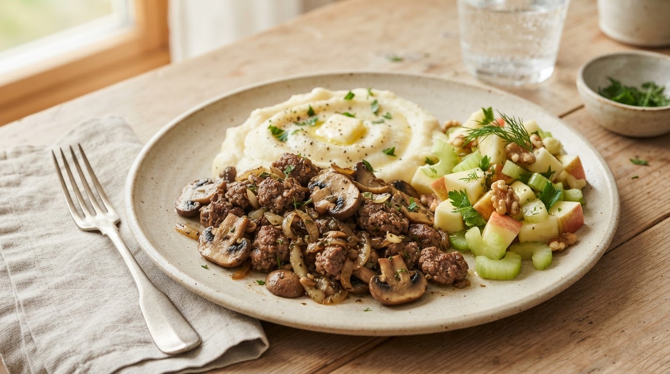 Keto Pannestekt Storfekjøttdeig med Aromasopp, Kremet Blomkålmos og Frisk Eplesalat – slik ser retten ut