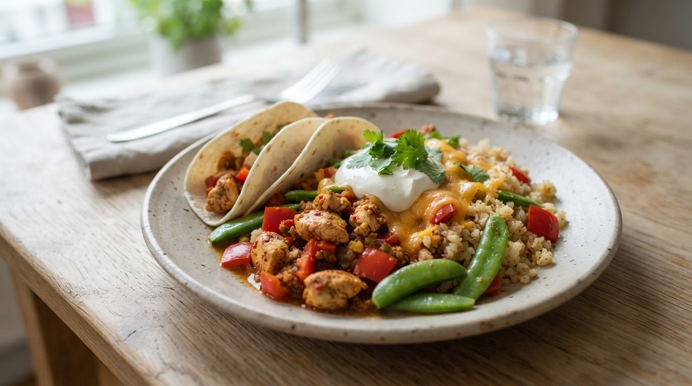 Keto Tacogryte med Kylling, Blomkålris og Norske Sukkererter – slik ser retten ut