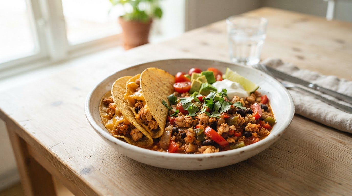 Keto tacogryte med kylling og blomkålris – illustrasjonsbilde
