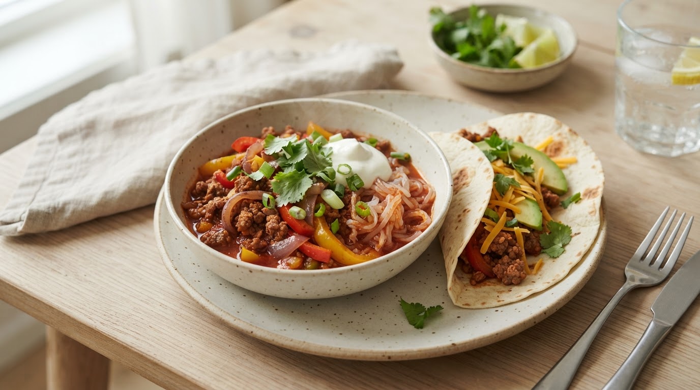 Keto Tacogryte med Storfekjøttdeig og Lavkarbonudler – illustrasjonsbilde