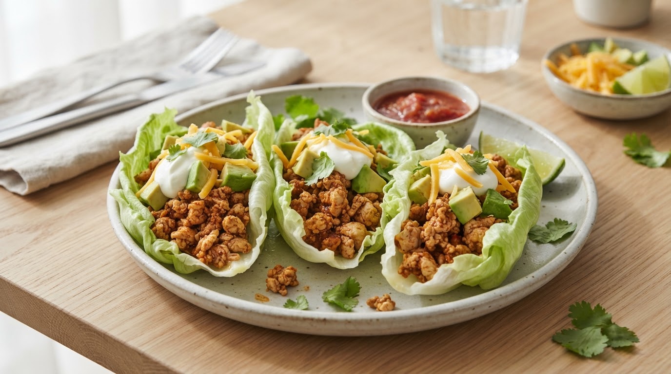 Keto Tacowraps i Salatblader med Kyllingdeig og Avokado – illustrasjonsbilde