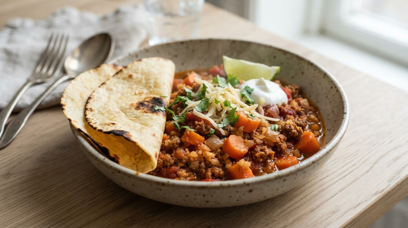 Keto Vegansk Tacogryte med Blomkålris og Norske Gulrøtter – slik ser retten ut
