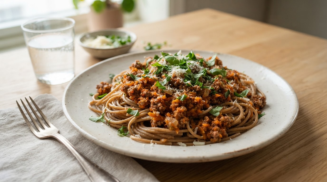 Klassisk bolognese med fullkornspasta og rotgrønnsaker – slik ser retten ut