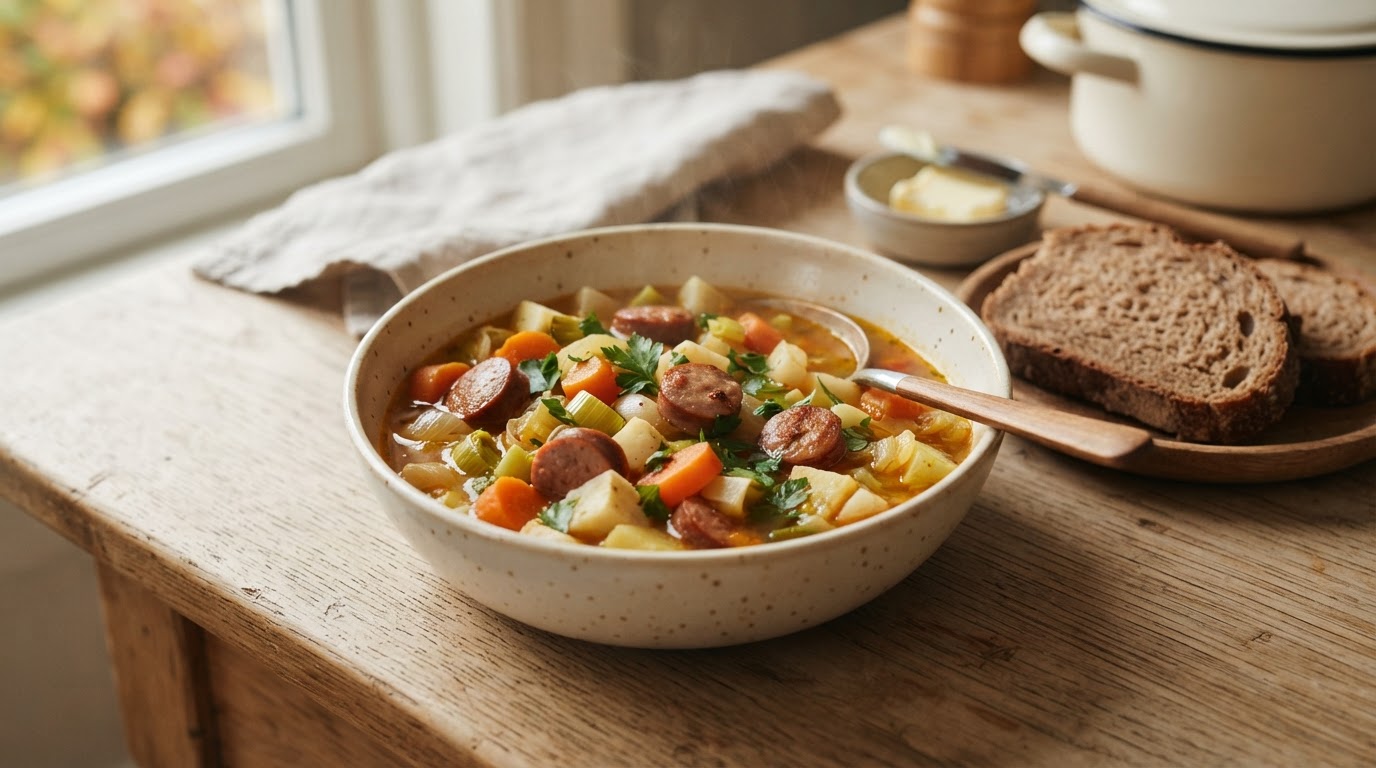 Klassisk grønnsakssuppe med rotgrønnsaker og pølser – illustrasjonsbilde