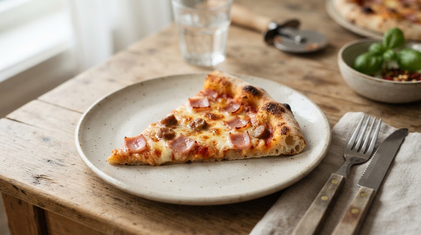 Klassisk hjemmelaget pizza med skinke og ost – slik ser retten ut