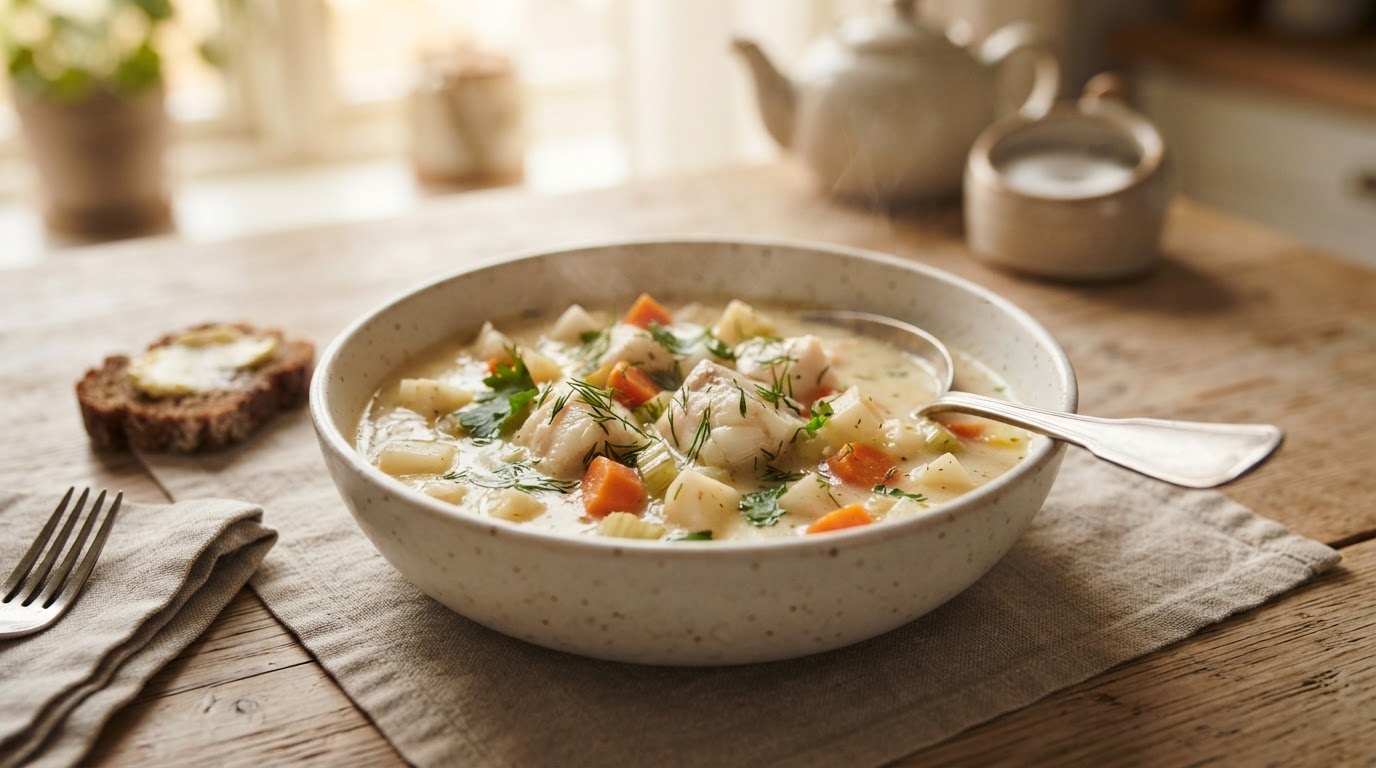 Klassisk kremet norsk fiskesuppe med steinbit og rotgrønnsaker – illustrasjonsbilde