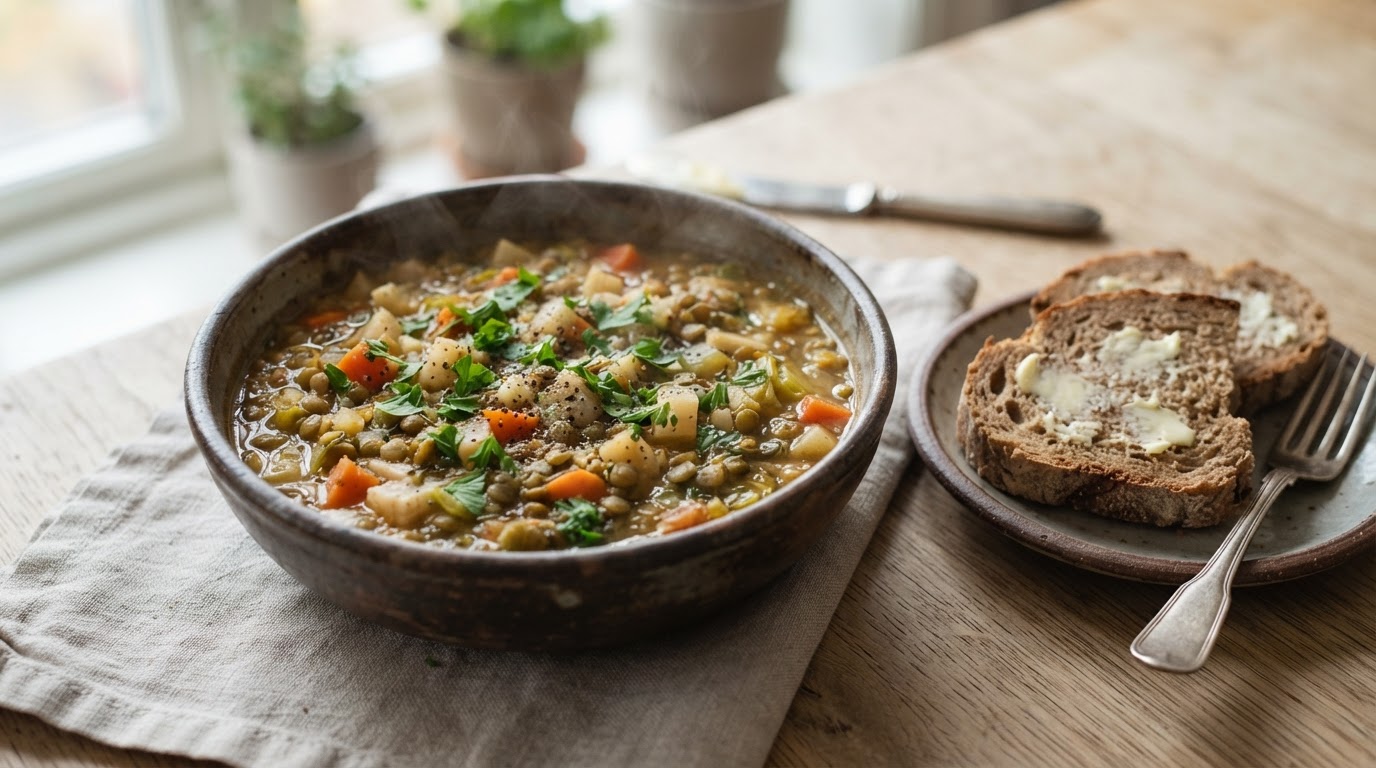 Klassisk norsk vegetarlapskaus med linser og grovt brød – slik ser retten ut