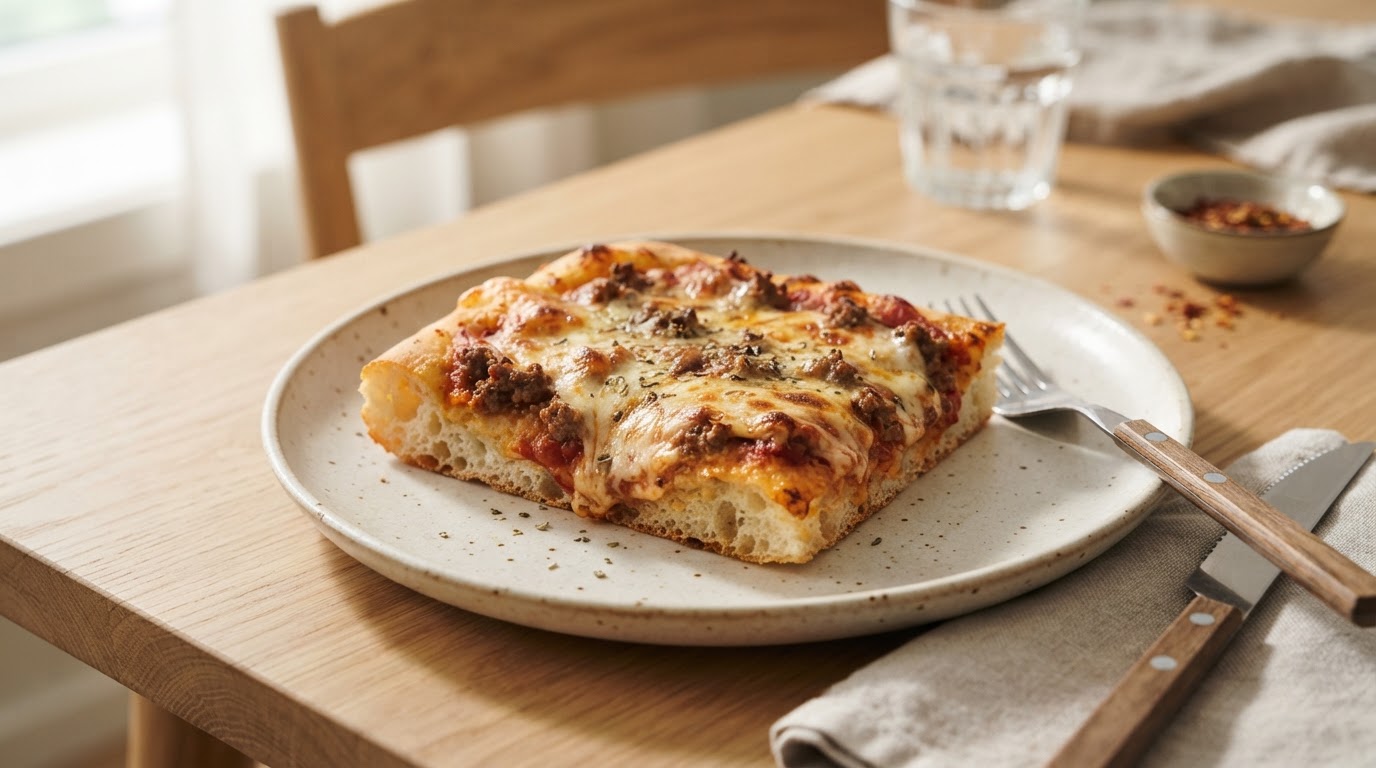 Klassisk pannepizza i langpanne – illustrasjonsbilde