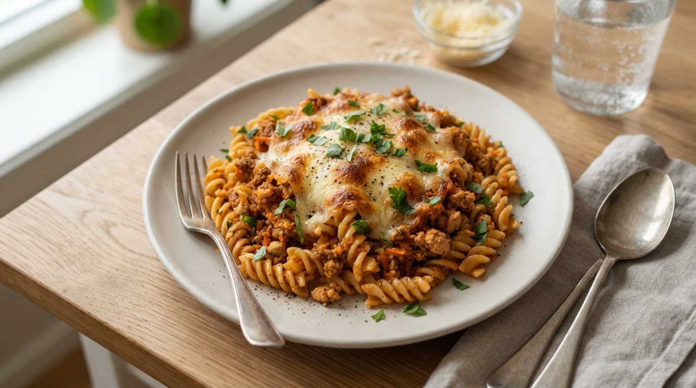 Klassisk pasta bolognese med kylling og gratinert ost – illustrasjonsbilde