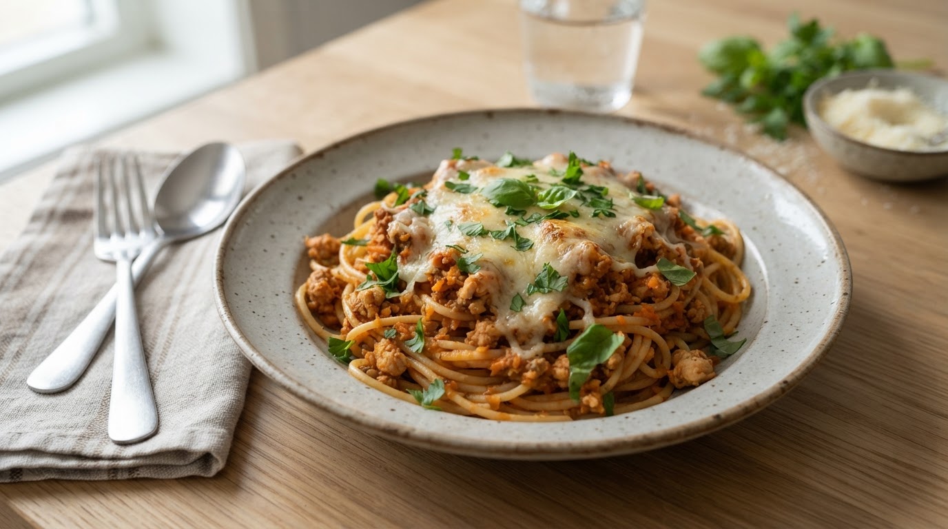 Klassisk pasta bolognese med kyllingkjøttdeig – illustrasjonsbilde
