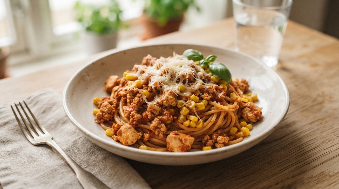 Klassisk pasta bolognese med kyllingkjøttdeig og fersk mai – slik ser retten ut