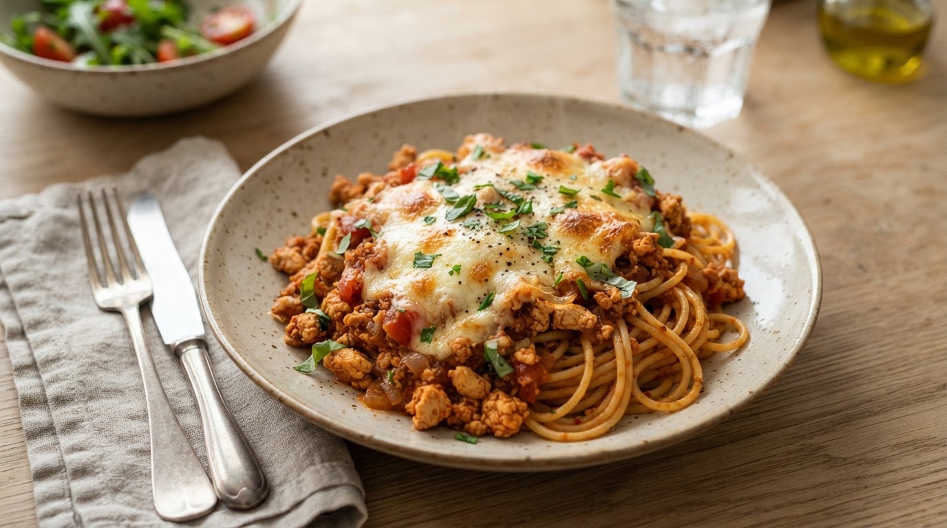 Klassisk pasta bolognese med kyllingkjøttdeig og gratinert ost – illustrasjonsbilde