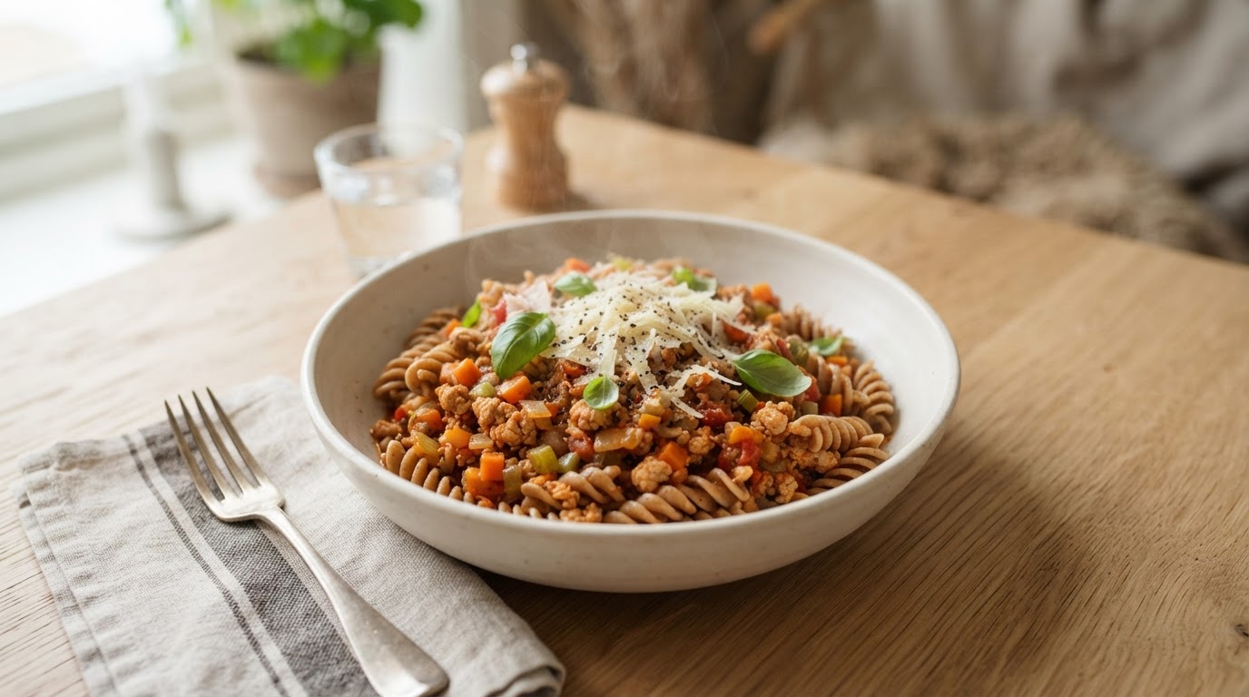 Klassisk pasta bolognese med kyllingkjøttdeig og grønnsaker – illustrasjonsbilde