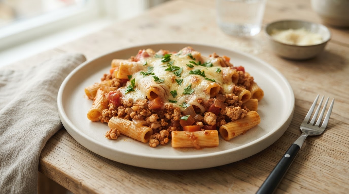 Klassisk pasta bolognese med kyllingkjøttdeig og ost – illustrasjonsbilde
