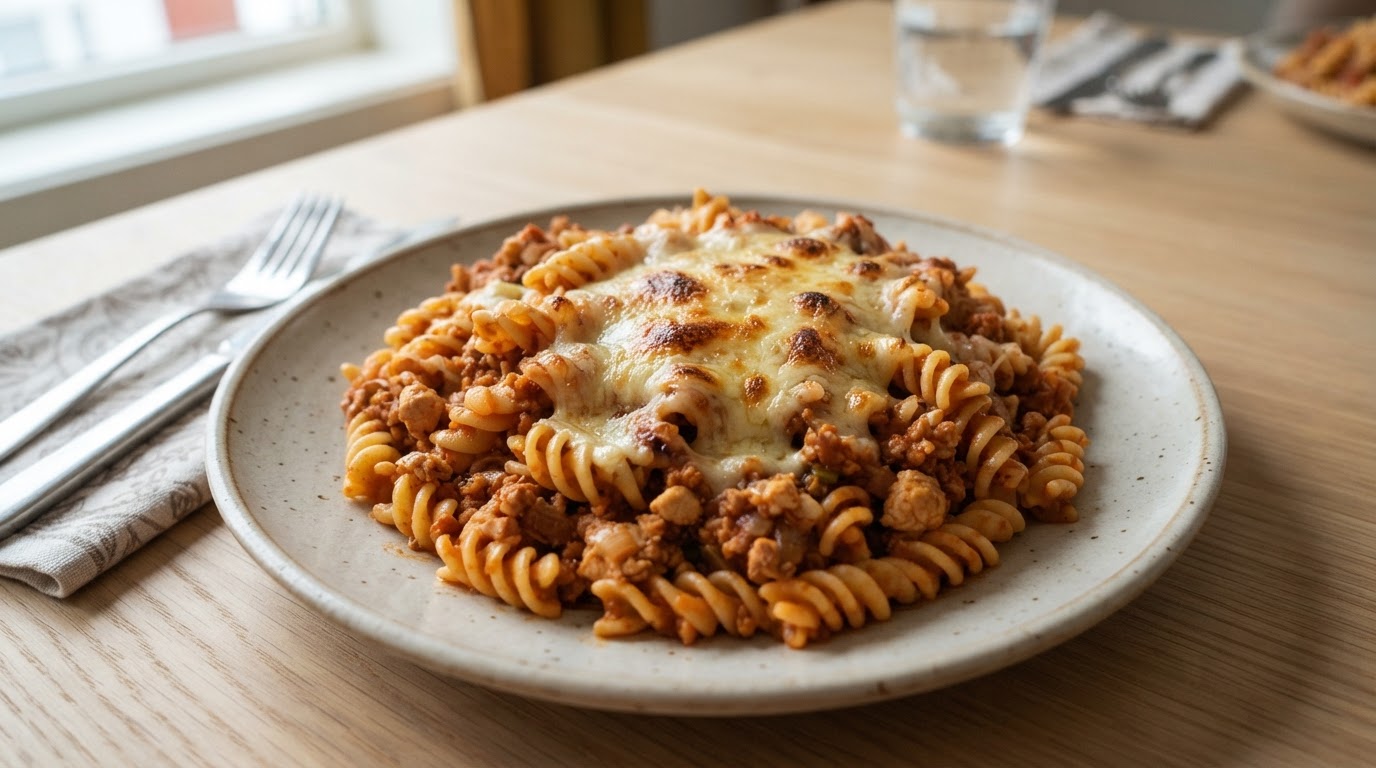 Klassisk pasta bolognese med kyllingkjøttdeig og ostegratinering – illustrasjonsbilde