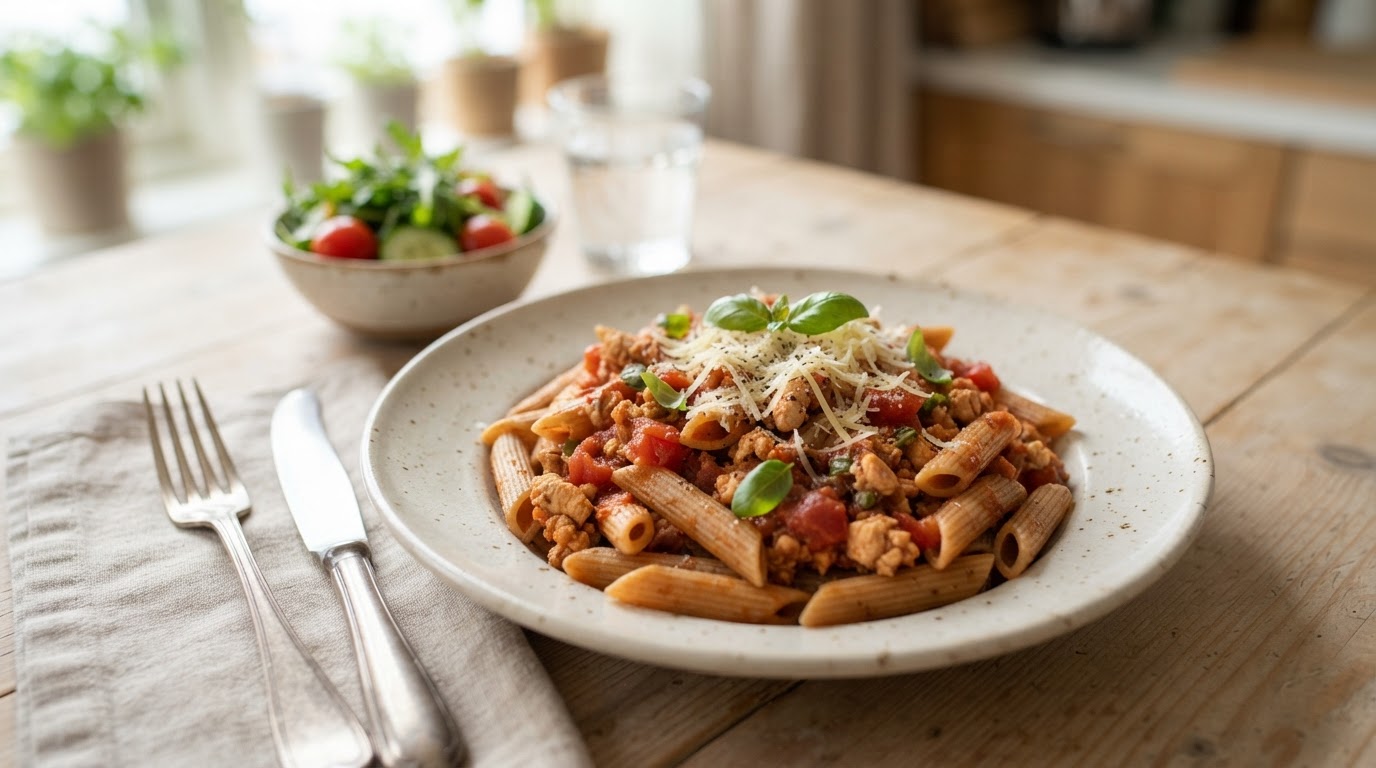 Klassisk pasta med kyllingkjøttdeig og tomat saus – illustrasjonsbilde